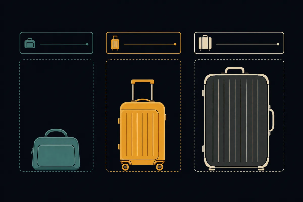 Side-by-side silhouettes comparing personal item, carry-on, and checked bag sizes