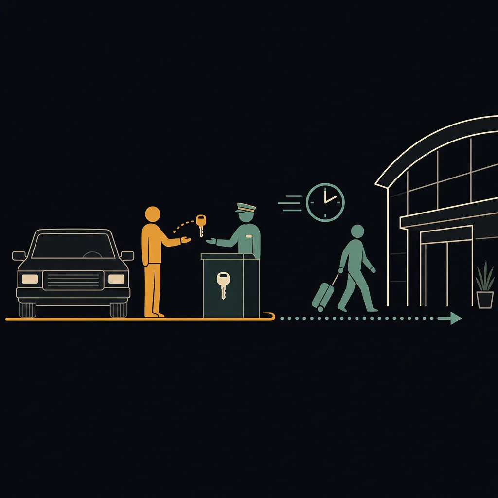 Diagram of curbside valet hand-off: drop the car at the terminal door and walk straight to security.