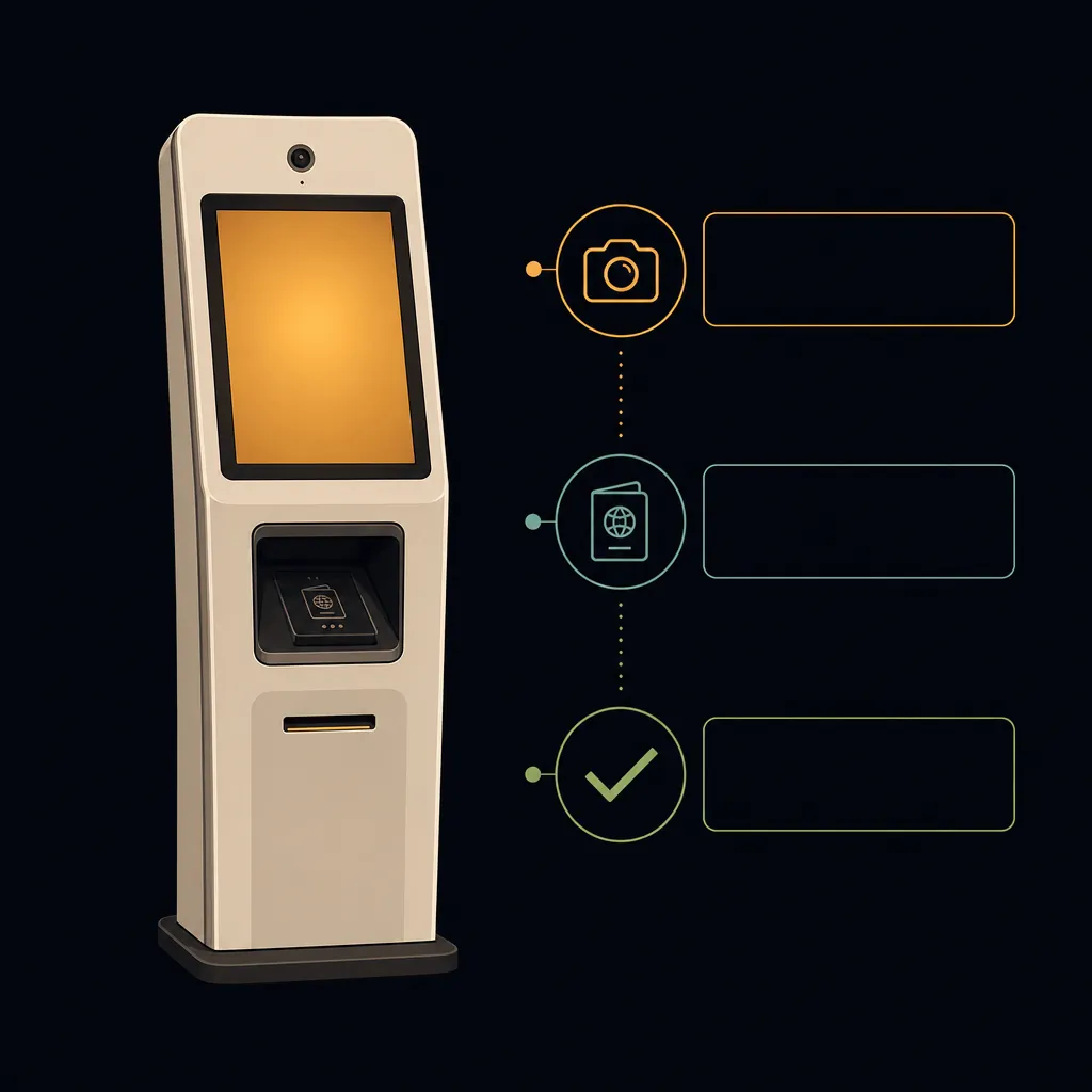 Kiosk-style flow showing a passport scan, a declaration, and a receipt to a fast lane