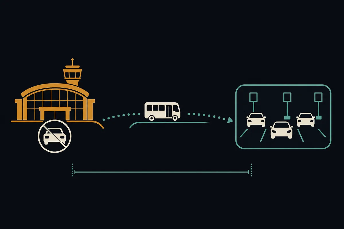 Diagram of an airport rideshare pickup lot with numbered stalls and the walking path from arrivals.