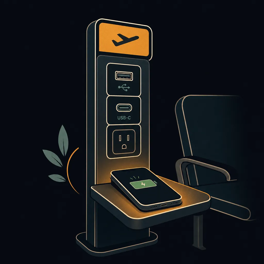 Diagram showing how to locate charging stations and gate outlets across an airport terminal.