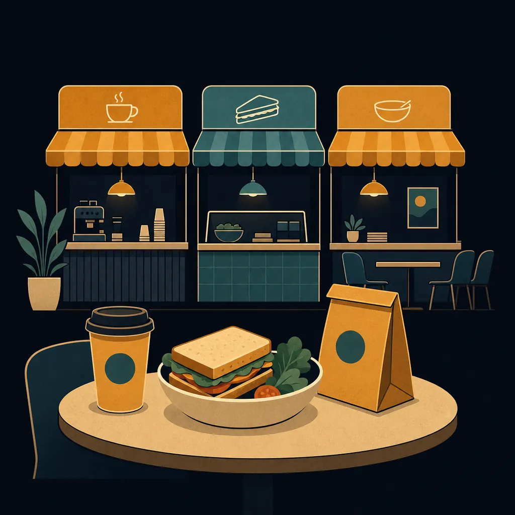 Diagram of airport dining options grouped by quick bites, sit-down restaurants, and grab-and-go counters.