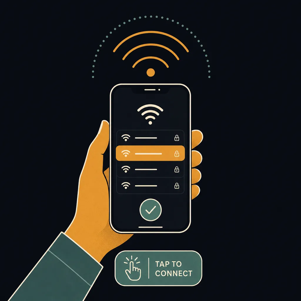 Step-by-step diagram for connecting to free airport WiFi from a phone or laptop.