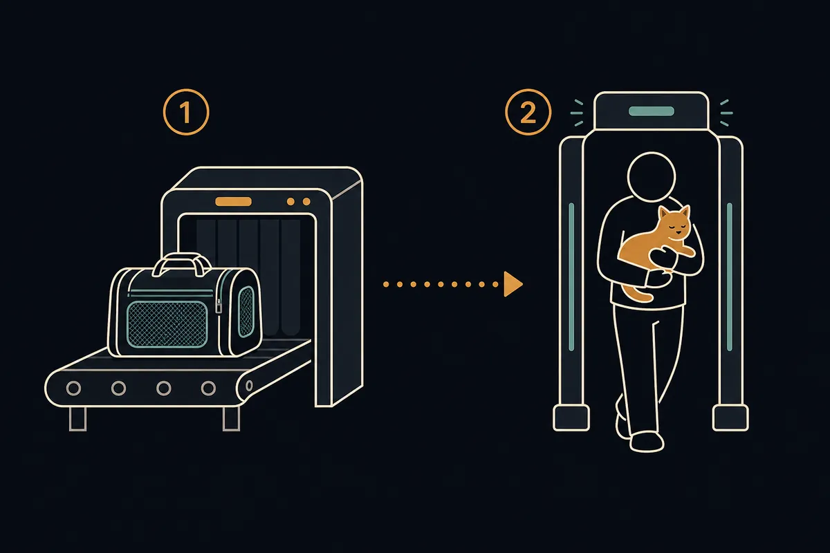 Diagram of a pet carrier moving through the airport security screening process