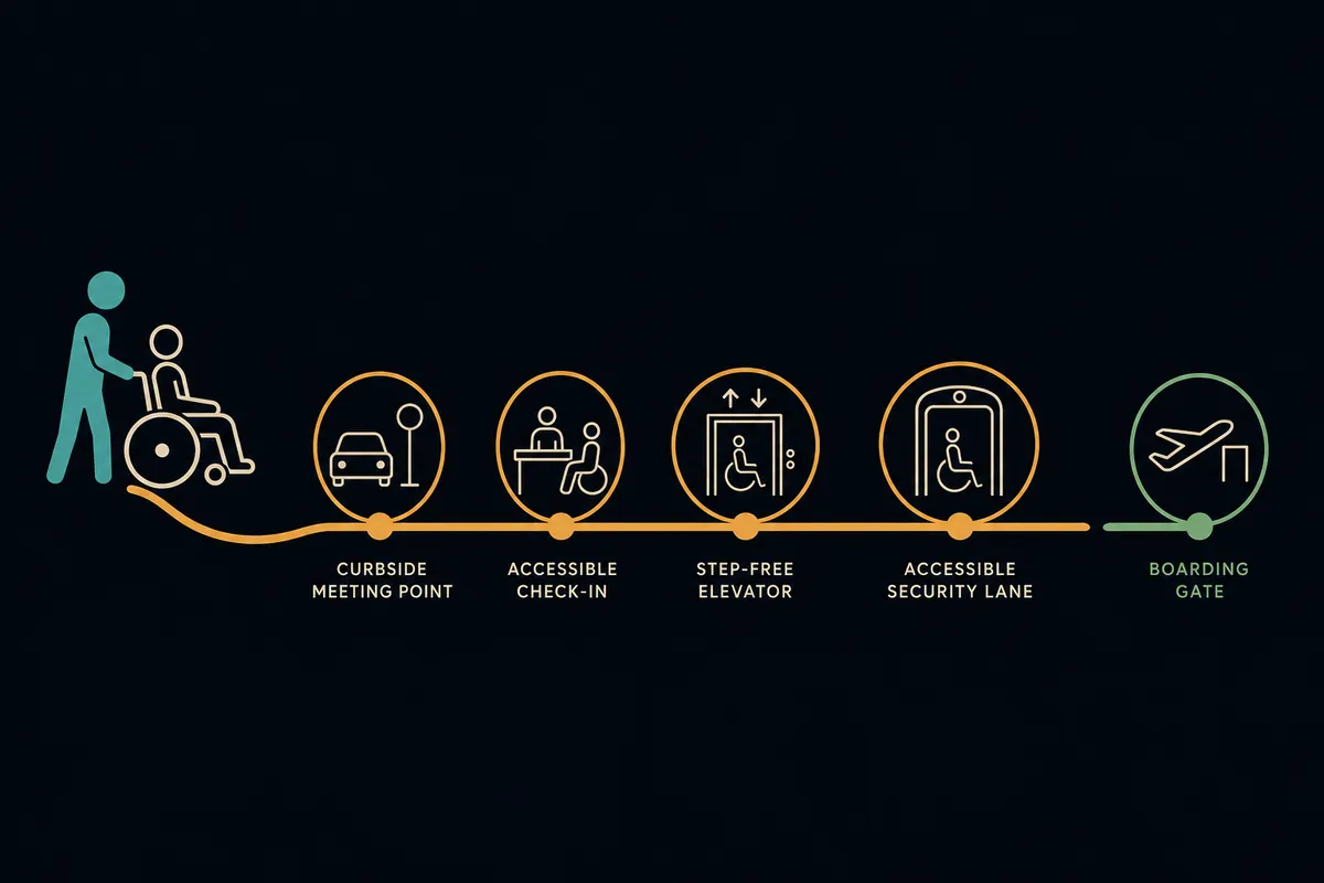 Step-by-step path for requesting and receiving wheelchair assistance through an airport.
