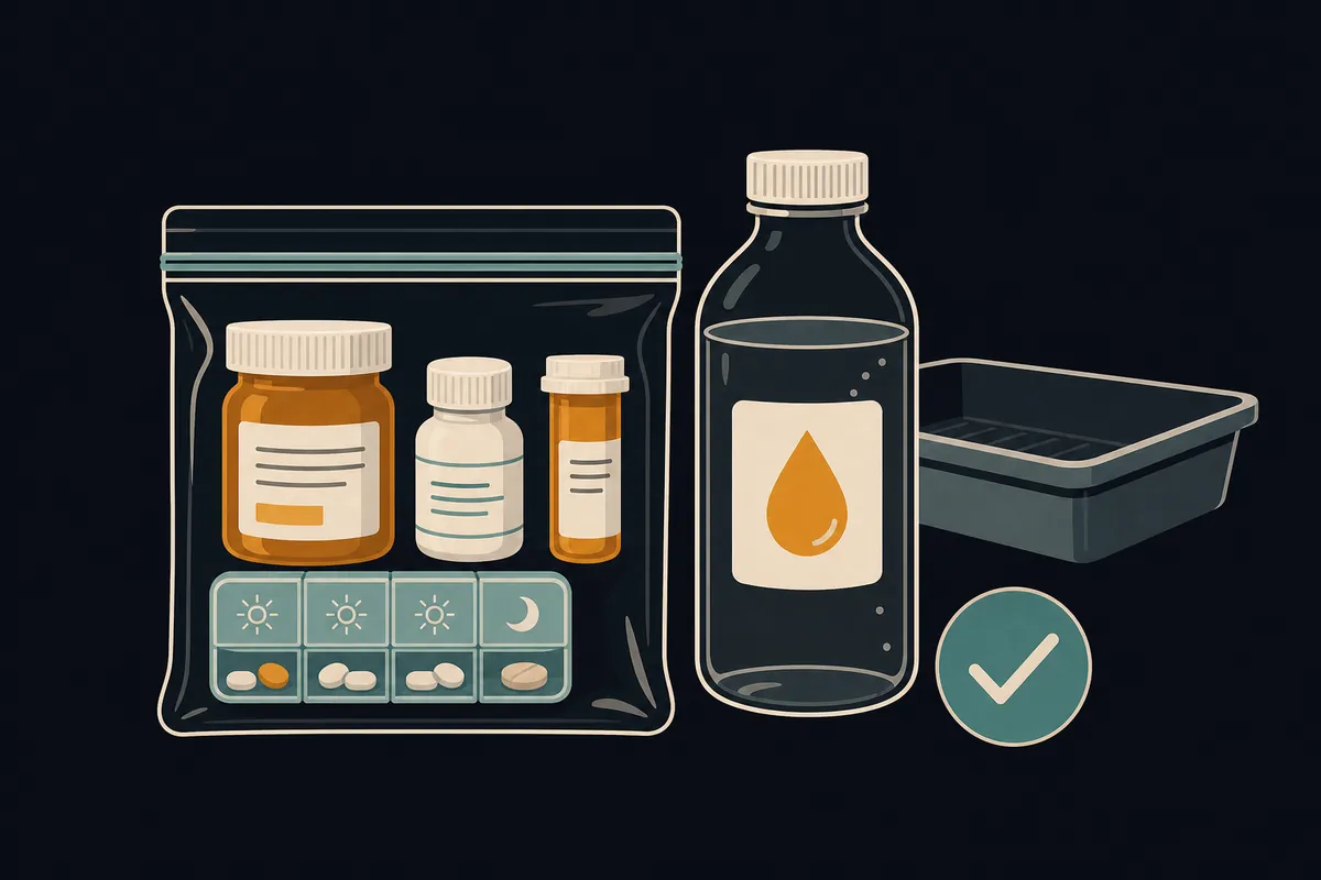 Calm walkthrough of carrying pills, liquid medicine, and devices through a checkpoint