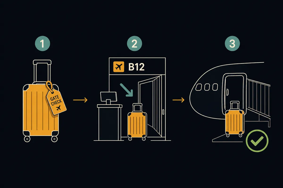 Step-by-step diagram of gate-checking a carry-on from the jet bridge tag to planeside pickup.