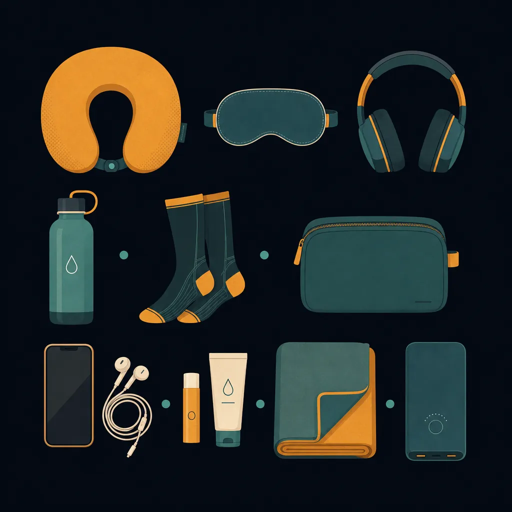 Diagram of a long-haul comfort kit: water, layers, eye mask, compression socks, and movement reminders.