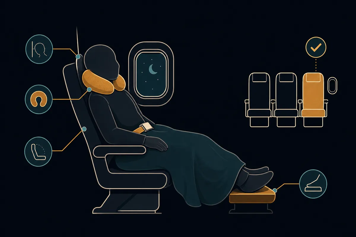 Diagram of a seated overnight sleep posture with head support, a slight recline, and gear placement.