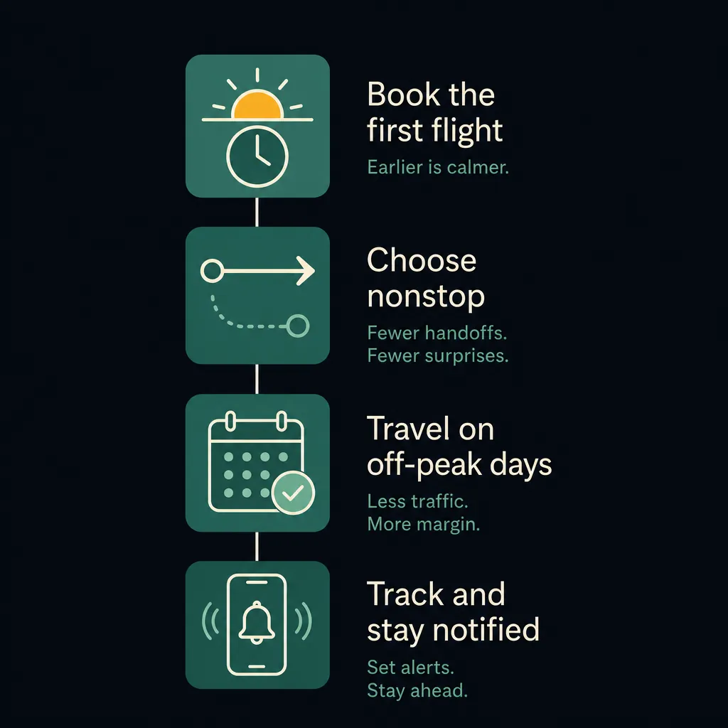 A quick visual of practical habits that lower your odds of a flight delay, from timing to routing.