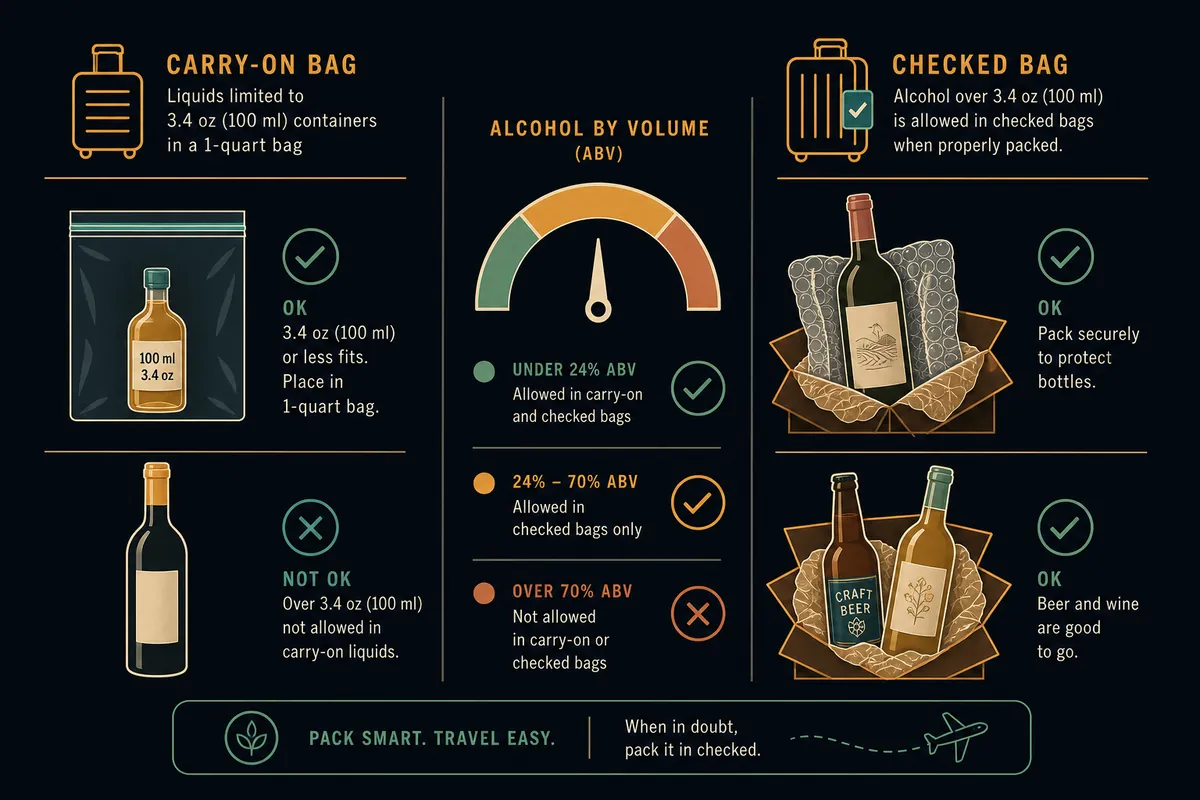 Diagram comparing carry-on versus checked rules for traveling with alcohol