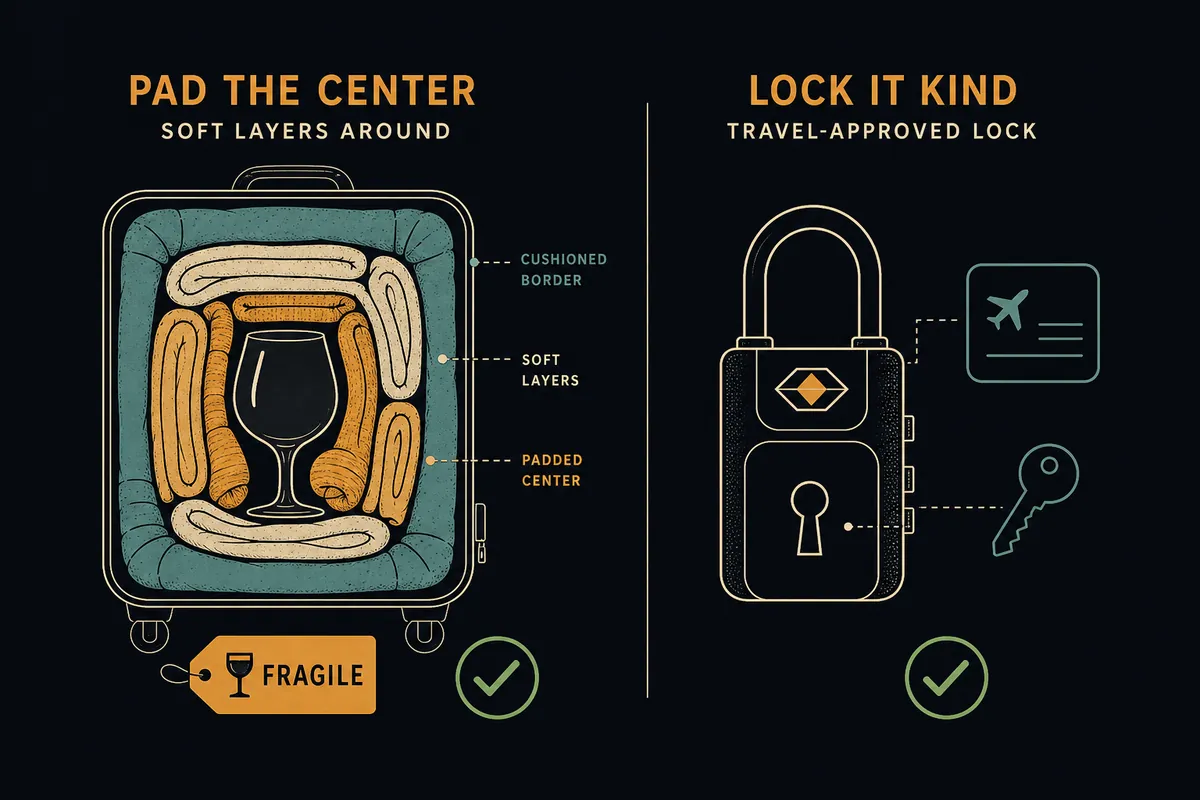Diagram of packing fragile items with padding and secure luggage locks