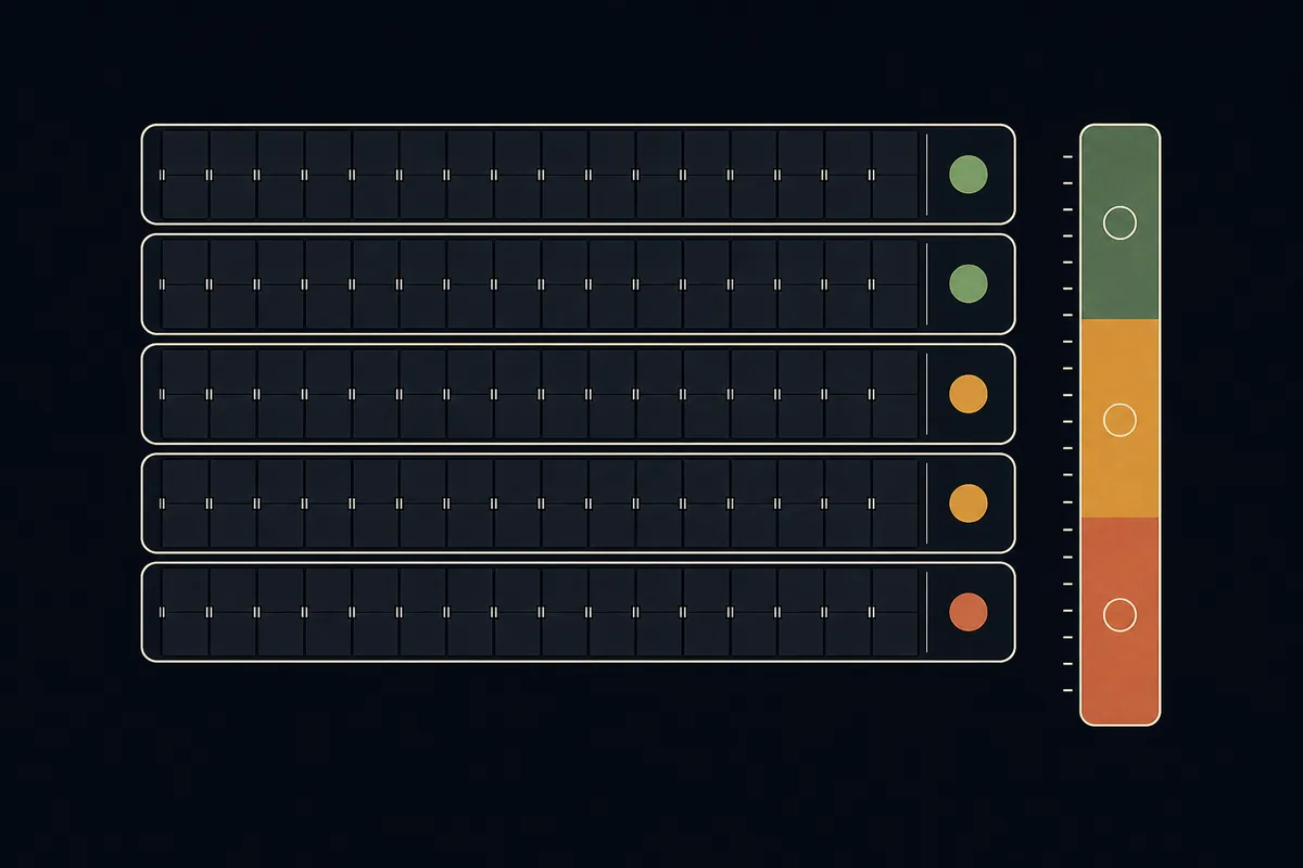 A calm airport status board grouping today's departures by how on-time they are running, from on-schedule to lightly delayed.