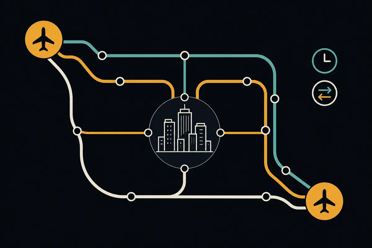 Diagram of transfers between same-city airports — JFK, LGA, EWR and other multi-airport metros with transit links.