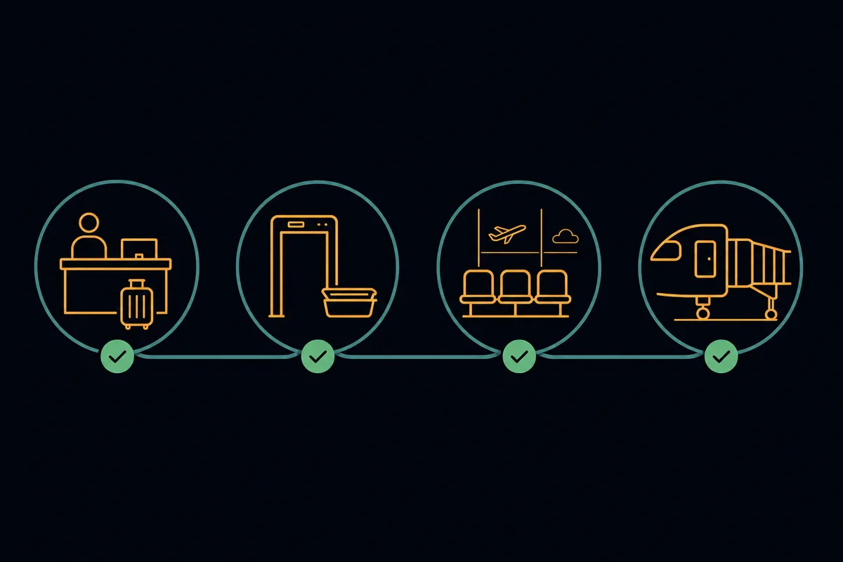 Each stage of the airport in order, from arrival to boarding, for new flyers